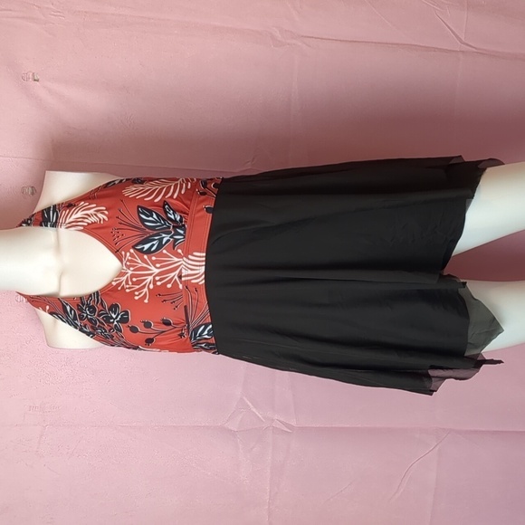 Black and Red Orange V Neck One Piece Halter Swimsuit with Sheer Skirt Overlay - Picture 1 of 8